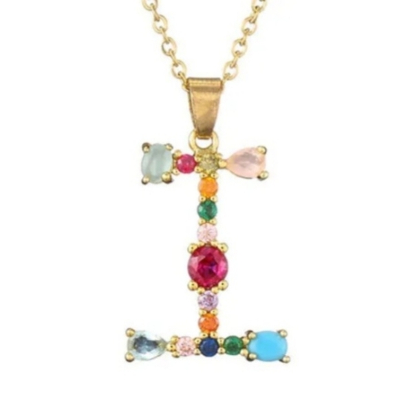 I Initial Pendant Necklace Multicolor Rhinestones Gold Tone Chain - Picture 1 of 16